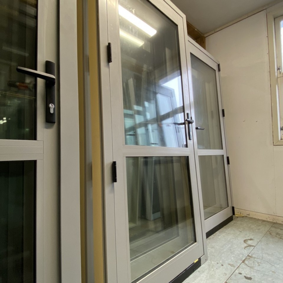 NEW Double Glazed Aluminium, Single Door 880 x 2000 Open Out, Silver Pearl